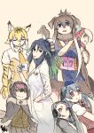  6+girls animal_ears arms_at_sides bangs bird_wings black_eyes black_hair blonde_hair blue_eyes blue_hair bow bowtie breast_pocket capelet closed_mouth collared_shirt corset cup dodo_(kemono_friends) elbow_gloves empty_eyes fur_collar furrowed_brow gastornis_(kemono_friends) giant_penguin_(kemono_friends) gloves green_hair grin hair_between_eyes hair_ornament hand_in_pocket hand_up hat head_wings headband headphones height_difference holding holding_cup kako_(kemono_friends) kemono_friends kishida_shiki labcoat leaning_back long_hair looking_at_viewer mammoth_(kemono_friends) multicolored_hair multiple_girls necktie open_mouth parted_bangs parted_lips passenger_pigeon_(kemono_friends) pink_hair pleated_skirt pocket purple_hair red_eyes red_hair shirt short_hair_with_long_locks short_sleeves simple_background skirt smile smilodon_(kemono_friends) sweater tall_female vest white_hair wing_collar wings yellow_background yellow_eyes 