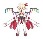  1girl :d absurdres ahoge ascot blonde_hair cheri_zao commentary flandre_scarlet full_body hat hat_ribbon highres joints looking_at_viewer mob_cap one_side_up open_mouth red_eyes red_ribbon red_vest ribbon robot_girl robot_joints short_hair simple_background smile solo straight-on touhou vest white_background white_headwear wings yellow_ascot 