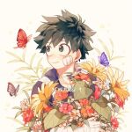  1boy amarouhi bandaged_arm bandaged_hand bandages bangs blush boku_no_hero_academia bug butterfly carnation chinese_commentary circle closed_mouth collarbone daisy flower flower_(symbol) foreground_text freckles gauze green_eyes green_hair grey_butterfly hand_up happy holding holding_flower jacket leaf looking_to_the_side male_focus midoriya_izuku orange_flower pink_flower plant purple_butterfly red_butterfly red_carnation red_flower short_hair simple_background smile solo star_(symbol) sunflower track_jacket turning_head u.a._gym_uniform upper_body white_background white_flower 