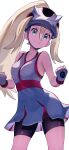  1girl absurdres bangs bare_arms bike_shorts blonde_hair breasts clenched_hands closed_mouth commentary_request dress eyelashes fingerless_gloves fujiwara_echi gloves green_eyes hair_between_eyes helmet high_ponytail highres korrina_(pokemon) long_hair looking_at_viewer looking_down pokemon pokemon_(game) pokemon_xy simple_background sleeveless sleeveless_dress smile solo white_background 