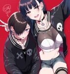  1boy 1girl :d :p alternate_costume bangs between_breasts black_hair black_jacket blue_eyes blush boku_no_kokoro_no_yabai_yatsu breasts brown_eyes brown_hair chain_necklace choker cleavage collarbone earrings eyebrows_hidden_by_hair hair_over_one_eye hug ichikawa_kyoutarou jacket jewelry large_breasts long_hair looking_at_viewer midriff multiple_piercings navel necklace one_eye_covered open_mouth piercing pochi_(pochi-goya) red_background ring short_hair smile spiked_choker spikes stomach sukajan tongue tongue_out tongue_piercing upper_body yamada_anna 
