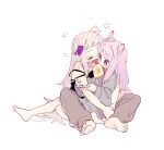 artist_name barefoot bread character_name character_request closed_eyes commentary_request food ggubii0225 holding holding_food horse horse_girl hug korean_commentary light_purple_hair open_mouth purple_eyes purple_hair soles tagme toes umamusume 