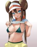  1girl bangs black_bra black_pantyhose blush bra brown_hair closed_mouth clothes_lift commentary_request dantahi01 double_bun doughnut_hair_bun eyelashes green_eyes hair_between_eyes hair_bun highres legwear_under_shorts lifted_by_self long_hair looking_at_viewer pantyhose pokemon pokemon_(game) pokemon_bw2 rosa_(pokemon) shirt shirt_lift short_sleeves shorts smile solo tongue tongue_out twintails underwear visor_cap white_headwear yellow_shorts 