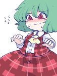  1girl @_@ ascot bangs blush closed_mouth collared_shirt flying_sweatdrops fried_rice0614 green_hair hair_between_eyes highres kazami_yuuka long_sleeves open_clothes open_vest plaid plaid_skirt plaid_vest red_eyes red_skirt red_vest shirt short_hair simple_background skirt solo touhou vest wavy_mouth white_background white_shirt yellow_ascot 