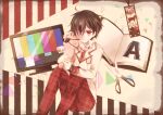  1boy a-ya_(shuuen_no_shiori) alphabet animal_print bandaged_ear bangs black_hair blazer book bookmark brown_cardigan button_eyes cardigan cat_print character_name closed_mouth collared_shirt edamame_888 expressionless eyepatch feet_out_of_frame floral_print fringe_trim holding holding_stuffed_toy jacket long_bangs looking_at_viewer loose_necktie lop_rabbit_ears male_focus necktie one-eyed open_book open_collar pants plaid plaid_pants pocket red_eyes red_necktie red_pants red_trim school_uniform scissors shirt short_hair shuuen_no_shiori_project sitting sleeve_cuffs solo striped striped_background stuffed_animal stuffed_bunny stuffed_toy television triangle unmoving_pattern vertical_stripes white_shirt 