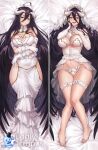  1girl ahoge albedo_(overlord) arms_under_breasts artist_name bangs bare_shoulders bed_sheet black_hair black_wings breasts bridal_gauntlets bridal_veil commentary cuddly_octopus dakimakura_(medium) dress elbow_gloves english_commentary fangs feet fishnet_thighhighs fishnets full_body gloves hair_between_eyes hand_on_own_cheek hand_on_own_chest hand_on_own_face highres horns iwbitu large_breasts long_hair looking_at_viewer navel overlord_(maruyama) panties smile thighhighs toeless_legwear toes twitter_username underwear veil very_long_hair white_dress white_gloves white_panties wings yellow_eyes 