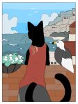  2021 ambient_bird ambiguous_gender anthro avian bird black_body clothed clothing domestic_cat duo_focus felid feline felis feral group hi_res mammal tail whiskers yorozumaru 