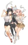  3girls :d :o akizone animal_ears bangs bare_shoulders black_hair black_shirt black_shorts black_thighhighs blonde_hair blue_eyes blush breasts brown_skirt buttons cat_ears cat_tail closed_eyes detached_sleeves fang final_fantasy final_fantasy_xiv grey_hair grey_shirt happy highres horns large_breasts long_hair miniskirt multiple_girls open_mouth pleated_skirt pointy_ears red_footwear shirt shoes shorts skirt smile tail thighhighs 