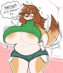  absurd_res anthro areola areola_slip big_breasts blush bodily_fluids bottomwear breasts brown_hair canid canine canis clothed clothing clothing_too_small curvy_figure cutoffs denim denim_clothing dialogue domestic_dog female floppy_ears fur hair hi_res hotpants huge_breasts june_(largefluffydog) mammal nonarycubed partially_clothed shorts slightly_chubby solo sweat sweatdrop sweater tan_body tan_fur topwear turtleneck voluptuous wardrobe_malfunction 