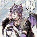  1boy black_hair choker demon_boy demon_horns demon_wings head_rest horns las_(yume-100) long_sleeves male_focus multicolored_hair open_mouth pink_eyes pink_hair plums43 pointy_ears smile solo translation_request wings yume_oukoku_to_nemureru_100-nin_no_ouji-sama 