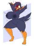  absurd_res anthro avian avian_feet beak big_breasts bird blush breasts cheek_tuft facial_tuft feathers female genitals hair hands_behind_head hi_res highlights_(coloring) huge_breasts nipples non-mammal_breasts non-mammal_nipples nonarycubed pussy scuted_arms scutes solo standing tail_feathers thick_thighs translucent translucent_hair tuft wide_eyed 