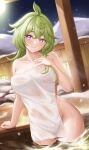  1girl absurdres arayuki_(sakurafubuki) breasts closed_mouth collarbone collei_(genshin_impact) genshin_impact green_hair hair_between_eyes highres large_breasts long_hair looking_at_viewer naked_towel night night_sky onsen outdoors partially_submerged purple_eyes sky smile snow solo towel water wet winter 