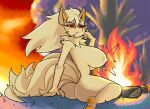  absurd_res anthro big_breasts blonde_hair bodily_fluids breasts butt campfire canid eyelashes female fire fur generation_1_pokemon hair hi_res kneeling looking_back mammal multi_tail ninetales nintendo nipples nonarycubed nude outside plant pokemon pokemon_(species) rear_view red_eyes solo sweat sweatdrop tail tan_body tan_fur tree 