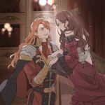 1boy 1girl armor ascot black_cape brown_hair cape closed_mouth couple dorothea_arnault dress earrings ferdinand_von_aegir fire_emblem fire_emblem:_three_houses frilled_sleeves frills full_body gloves green_eyes hetero highres holding_hands indoors jacket jewelry long_hair long_sleeves open_mouth orange_hair pauldrons profile red_ascot red_dress red_jacket shoulder_armor smile squatting stage standing tenjin_(ahan) white_gloves yellow_eyes 
