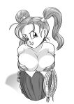  1girl absurdres breast_lift breasts commentary dragon_quest dragon_quest_viii earrings english_commentary full_body funsexydb furrowed_brow greyscale highres jessica_albert jewelry kneeling large_breasts long_skirt monochrome open_mouth rope skirt smile solo twintails 