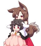  2girls animal_ear_fluff animal_ears bangs bebeneko black_hair blush brown_hair carrot_necklace cowboy_shot dress floppy_ears frilled_sleeves frills hug hug_from_behind imaizumi_kagerou inaba_tewi jewelry long_hair multiple_girls necklace open_mouth pink_dress rabbit_ears rabbit_girl red_eyes red_skirt short_hair skirt tail touhou wavy_hair wide_sleeves wolf_ears wolf_girl wolf_tail 