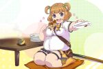  1girl artist_request bangs big_belly blue_eyes blunt_bangs breasts brown_hair cup cushion dishes dot_nose flower-shaped_pupils food food_on_face full_body hasebe_shikiri highres holding holding_food holding_plate kneehighs medium_breasts medium_hair official_art open_mouth outstretched_arm plate seiza shinken!! shirt short_sleeves sitting skewer socks solo symbol-shaped_pupils table tareme taut_clothes taut_shirt tea teacup thick_arms thick_thighs thighs two_side_up 