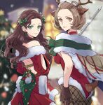  2girls antlers black_gloves brown_eyes brown_hair christmas closed_mouth cowboy_shot dorothea_arnault dorothea_arnault_(winter) dress earrings fire_emblem fire_emblem:_three_houses fire_emblem_heroes fire_emblem_warriors:_three_hopes gloves green_eyes hair_ornament jewelry long_hair looking_at_viewer manuela_casagranda manuela_casagranda_(winter) multiple_girls official_alternate_costume official_alternate_hairstyle red_dress reindeer_antlers short_hair smile standing tenjin_(ahan) 