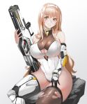  1girl asymmetrical_legwear bangs bare_shoulders black_thighhighs blonde_hair breasts brown_hair copyright_request covered_navel glasses gun hair_ribbon highres holding holding_gun holding_weapon large_breasts leotard long_hair mechanical_arms mechanical_legs mixed-language_commentary ribbon round_eyewear single_mechanical_arm single_mechanical_leg sitting smile solo thighhighs torn_clothes torn_thighhighs very_long_hair weapon white_leotard white_ribbon wookyung 