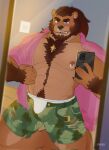  2023 5_fingers abs anthro arm_tuft artist_name bear beard belt belt_buckle blush body_hair bottomwear brown_beard brown_body brown_eyebrows brown_fur brown_hair brown_sideburns bulge camo camo_clothing camo_print cellphone chest_tuft claws clothed clothing cross cross_necklace digital_media_(artwork) dress_shirt eyebrows facial_hair facial_piercing fingers flat_colors fur grin hair happy_trail hi_res holding_cellphone holding_object holding_phone holding_smartphone jewelry kneeling lip_piercing lip_stud long_hair looking_at_viewer male mammal mirror mirror_reflection mirror_selfie muscular muscular_anthro muscular_male navel necklace nipple_piercing nipples nose_piercing nose_ring open_clothing open_shirt open_topwear parasouleater pattern_clothing pecs phone piercing pink_clothing pose reflection ring_piercing selfie shirt shorts sideburns smartphone smile solo topwear tuft underwear white_clothing white_underwear 