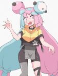  1girl bangs bike_shorts blush character_hair_ornament commentary_request cropped_jacket eyelashes green_hair grey_shirt hair_ornament hand_up highres iono_(pokemon) kurachi_mizuki long_hair multicolored_hair open_mouth pink_eyes pink_hair pokemon pokemon_(game) pokemon_sv sharp_teeth shirt short_sleeves simple_background single_leg_pantyhose solo star_(symbol) star_print sweat teeth thigh_strap tongue twintails two-tone_hair upper_teeth_only white_background 