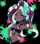  1girl armpits bare_shoulders black_background blue_eyes blue_nails blush breasts cephalopod_eyes cleavage fang fingerless_gloves fingernails gloves grin hand_up headphones heart highres long_hair looking_at_viewer marina_(splatoon) medium_breasts mole mole_under_mouth nail_polish navel navel_piercing paint_splatter piercing pochi_(pochi-goya) smile solo splatoon_(series) splatoon_2 tentacle_hair upper_body 