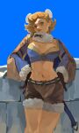  1girl bangs black_gloves blonde_hair blue_background blue_eyes blue_shirt blue_tube_top breasts brick_wall brown_shorts commentary dated_commentary double_bun feet_out_of_frame fur-trimmed_shorts fur_trim gloves hair_bun large_breasts lips looking_at_viewer midriff navel open_mouth ragnarok_online shirt short_hair shorts signature solo strapless tube_top wind_hawk_(ragnarok_online) zi_tsas 