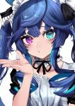 1girl @_@ alternate_costume blue_eyes blue_hair choker enmaided frilled_choker frills heterochromia highres long_hair looking_at_viewer maid pink_eyes pout simple_background solo toa510 twin_turbo_(umamusume) umamusume upper_body white_background white_choker 