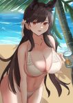 1girl absurdres atago_(azur_lane) atago_(summer_march)_(azur_lane) azur_lane beach bikini breasts brown_hair can day extra_ears highres holding holding_can large_breasts leaning_forward long_hair manjuu_(azur_lane) mole mole_under_eye official_alternate_costume orange_eyes outdoors palm_tree remapack77 ribbon sand soda_can solo summer swimsuit tree very_long_hair water white_bikini white_ribbon 