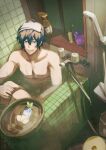  1boy afloat aqua_eyes bathing bathroom bathtub blue_hair bucket cat dark_blue_hair faucet feet_out_of_frame hair_between_eyes highres indoors knees_up leos_vincent looking_at_animal male_focus mameneko_(leos_vincent) nijisanji nude parted_lips partially_submerged short_hair shower_head smile solo teria_(teriarian) tile_wall tiles toothbrush toothpaste towel towel_on_head virtual_youtuber water wet window 