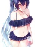  1girl bare_shoulders bikini black_bikini blue_archive blue_hair breasts cleavage collarbone cowboy_shot dano frilled_bikini frills halterneck highres long_hair looking_down navel off-shoulder_bikini off_shoulder official_alternate_costume red_eyes serika_(blue_archive) serika_(swimsuit)_(blue_archive) solo stomach strap_gap string_bikini sweatdrop swimsuit thighs twintails very_long_hair 