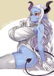  asanagi big_breasts black_sclera blue-skinned_female blue_body blue_skin blush breasts clothing curvaceous curvy_figure demon devil_horns_(disambiguation) female hair hi_res horn huge_breasts humanoid humanoid_pointy_ears invalid_tag legwear leotard long_hair looking_at_viewer mug nipple_outline pupils short_stack sitting solo tail thick_thighs thigh_highs unusual_pupils voluptuous white_hair 