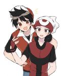  2boys :d bangs baseball_cap beanie black_hair black_shirt brendan_(pokemon) collared_shirt commentary_request fingerless_gloves gloves hand_on_hip hand_up happy hat highres male_focus multiple_boys notice_lines open_mouth pokemon pokemon_adventures popped_collar red_(pokemon) red_eyes red_gloves red_headwear shirt short_hair sleeveless sleeveless_jacket smile t-shirt tsukimi_(tkm_516) white_background white_headwear 