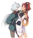  2girls ahoge arm_up asticassia_school_uniform black_hairband blue_eyes blush commentary_request eye_contact face-to-face from_side grey_eyes grey_hair gundam gundam_suisei_no_majo hairband hand_on_own_head long_hair long_sleeves looking_at_another miorine_rembran multiple_girls open_mouth profile red_hair school_uniform suletta_mercury sweat tatami_to_hinoki white_background yuri 