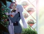  2girls ahoge aqua_eyes asticassia_school_uniform asymmetrical_bangs backlighting bangs black_hairband blue_flower blurry blurry_background blurry_foreground breasts brown_pantyhose clippers commentary_request cowboy_shot day facing_away falling_petals flower flower_pot food from_side green_jacket green_shorts grey_hair gundam gundam_suisei_no_majo hair_between_eyes hairband hand_on_own_stomach hand_up highres holding holding_food holding_vegetable jacket light_particles long_hair long_sleeves looking_at_another looking_to_the_side low_ponytail medium_breasts miorine_rembran multiple_girls nuenue outdoors pants pantyhose pantyhose_under_shorts parted_lips petals pink_flower plant ponytail potted_plant red_hair school_uniform shade shorts smile standing suletta_mercury sunlight thick_eyebrows tomato vegetable very_long_hair white_flower white_jacket white_pants 
