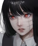  1girl bangs black_hair chainsaw_man collared_shirt cross_scar dress fourth_east_high_school_uniform highres long_hair looking_at_viewer parted_lips pinafore_dress red_eyes ringed_eyes scar scar_on_cheek scar_on_face school_uniform shirt simple_background sira_julyspring solo white_background yoru_(chainsaw_man) 