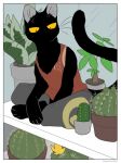  2021 ambiguous_gender anthro black_body cactus domestic_cat felid feline felis hi_res mammal paws plant solo tail whiskers yellow_eyes yorozumaru 