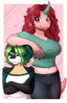  &lt;3 absurd_res annoyed anthro arm_on_head black_body black_scales black_sclera blush bottomwear breasts brown_eyes clothing crossed_arms curled_horn denim denim_clothing dragon duo esmeralda_gemhorn fangs female female/female gem green_clothing green_eyes green_shirt green_topwear hair hair_over_eye hi_res horn jeans leaning_on_another looking_at_another looking_at_viewer mahlci_gemhorn malachite_(mineral) medium_breasts midriff multicolored_body nana-yuka navel one_eye_obstructed open_mouth open_smile pants red_hair scales scalie shirt sibling simple_background sister sisters size_difference small_breasts smile standing tail tan_body tan_scales teeth topwear underbelly white_body white_clothing white_scales white_shirt white_topwear wingless_dragon 