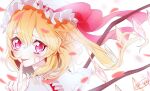 1girl :p bangs blonde_hair closed_mouth commentary_request crystal finger_to_mouth flandre_scarlet hat hat_ribbon highres index_finger_raised long_hair looking_at_viewer mob_cap one_side_up petals portrait red_eyes red_ribbon ribbon shirt signature smile solo tongue tongue_out touhou white_headwear white_shirt wings zabu_rou 