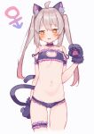  1girl @_@ absurdres ahoge androgyne_symbol animal_ear_fluff animal_ears animal_hands arm_at_side arm_garter bangs bare_shoulders black_bra black_choker black_panties blush bra breasts bridal_garter cat_cutout cat_ears cat_lingerie cat_tail choker cleavage_cutout clothing_cutout collarbone commentary_request cowboy_shot double_strap_slip embarrassed frilled_bra frilled_choker frilled_panties frills gloves grey_hair hair_between_eyes highres long_hair meme_attire navel onii-chan_wa_oshimai! open_mouth orange_eyes oyama_mahiro panties paw_gloves pink_hair simple_background small_breasts solo stomach tail tomo_(ryo_i_so_) twintails underwear underwear_only white_background 