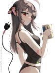  1girl ahoge artist_name bandaid bandaid_on_arm bandaid_on_face bangs black_panties black_tank_top blunt_bangs brown_hair bug cable cup ear_piercing expressionless from_side highres holding holding_cup looking_at_viewer looking_to_the_side mole mole_under_eye moth mug nvidia original panties piercing red_eyes ringed_eyes spaghetti_strap tank_top underwear vicki_(cryingrobot) vickie_(cryingrobot) 