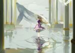  1girl artist_name back_bow blonde_hair bow column commentary dress floating_hair hat hat_ribbon holding holding_umbrella long_hair looking_at_viewer looking_back mob_cap pillar purple_dress purple_footwear red_ribbon ribbon ripples skirt_hold solo standing standing_on_liquid touhou tzafra umbrella very_long_hair water whale white_bow white_headwear wide_shot yakumo_yukari yellow_eyes 