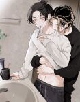  2boys bangs bangs_pinned_back bathroom black_hair black_pants black_shirt blonde_hair blush closed_eyes closed_mouth clothes_lift commentary_request cowboy_shot cup drawstring earrings faucet forehead grey_eyes grey_pants hair_bun hand_up hanemiya_kazutora highres hug hug_from_behind indoors jewelry lifted_by_another long_sleeves male_focus matsuno_chifuyu medium_hair mouth_hold mug multicolored_hair multiple_boys navel neconecowc pants parted_bangs plant shirt shirt_lift short_hair sidelocks single_hair_bun sink sleepy standing stomach streaked_hair sweatdrop tokyo_revengers toothbrush toothbrush_in_mouth two-tone_hair undercut white_shirt 