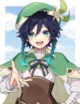  1boy bangs beret blue_hair blue_sky blush border bow bowtie braid buttons capelet cloud cloudy_sky collared_shirt commentary_request corset flower gem genshin_impact gradient_hair green_capelet green_eyes green_gemstone green_headwear hair_between_eyes hand_on_hip hand_up hat hat_flower hat_ornament leaf leaf_hat_ornament long_sleeves looking_at_viewer male_focus multicolored_bow multicolored_bowtie multicolored_hair nage_(sacosui_ng) open_mouth outside_border puffy_long_sleeves puffy_sleeves purple_bow purple_bowtie purple_hair shirt short_hair sky smile solo standing striped striped_bow striped_bowtie teeth tongue twin_braids venti_(genshin_impact) vision_(genshin_impact) white_border white_shirt wing_collar yellow_bow yellow_bowtie yellow_flower 