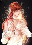  1girl artist_name bangs black_background blue_eyes brown_hair dark_background dress english_commentary etroveria final_fantasy final_fantasy_xiv hair_ribbon highres hyur light_blush long_hair looking_to_the_side red_lips ribbon ryne simple_background smile solo upper_body white_dress 