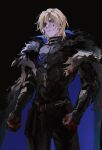  1boy absurdres armor bangs black_armor black_background black_coat blonde_hair blood blood_on_face blood_on_hands blue_coat blue_eyes clenched_hands closed_mouth coat commentary_request cowboy_shot dimitri_alexandre_blaiddyd expressionless eyepatch fire_emblem fire_emblem:_three_houses fur-trimmed_coat fur_trim hair_between_eyes highres looking_at_viewer male_focus medium_hair mimulishizi simple_background solo two-sided_coat 