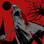  1boy arizuka_(catacombe) bangs black_background blood_on_gloves bloodborne boots building coat gloves hat highres holding holding_weapon hunter_(bloodborne) knee_boots looking_down mask mouth_mask open_clothes open_coat pants red_background red_eyes saw_cleaver scarf solo tree tricorne vest weapon 