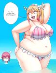  ... 2girls absurdres arm_behind_head bangs better-with-salt bikini blonde_hair blue_sky breasts cleavage cowboy_shot dot_nose english_text fat glasses hair_over_shoulder hand_on_own_ass highres horizon horns jitome kobayashi-san_chi_no_maidragon kobayashi_(maidragon) large_breasts long_hair looking_at_viewer looking_back maid_headdress multicolored_hair multiple_girls navel open_mouth orange_eyes partially_submerged pink_bikini sanpaku sidelocks sky slit_pupils smile speech_bubble spoken_ellipsis string_bikini striped striped_bikini swimsuit thick_arms thick_thighs thighs tohru_(maidragon) twintails water yellow_eyes 