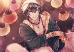  1boy black_hair bracelet closed_mouth gary_(yume-100) jewelry lantern long_hair looking_at_viewer male_focus necklace pants pendant plums43 purple_eyes short_hair smile solo yume_oukoku_to_nemureru_100-nin_no_ouji-sama 