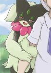  anthro bigmi_nono blush breasts clothed clothing duo felid feline female fur generation_9_pokemon green_body green_fur human male mammal meowscarada nintendo pokemon pokemon_(species) small_breasts smile 